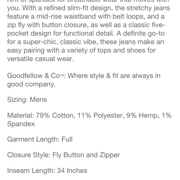 Men's Slim Fit Hemp Jeans - Goodfellow &
Com Blue Denim 34×34 nwt - Picture 3 of 4